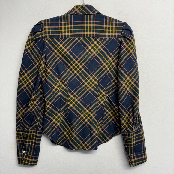 Veronica Beard Seneca Plaid Puff Sleeve Button-down shirt Size 0 Navy Check - Picture 6 of 12